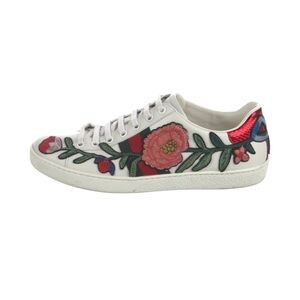 Gucci White Leather Floral Embroidered Sneaker with Red & Pink Accents